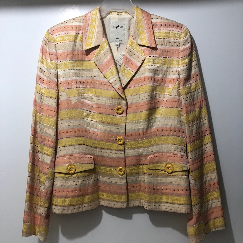 Vertigo Paris Peak Jacket Women M Medium Stripped Yellow Pink Tan Business